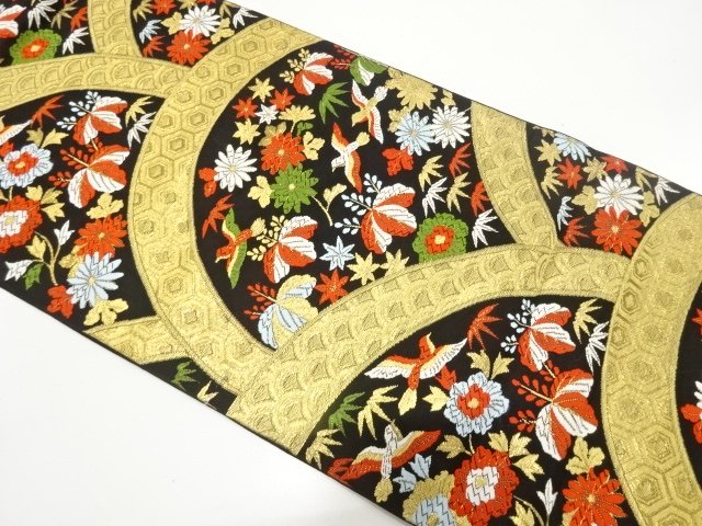 JAPANESE KIMONO / ANTIQUE BLUE SEA WAVE / FLOWER / BIRD PATTERN WOVEN 